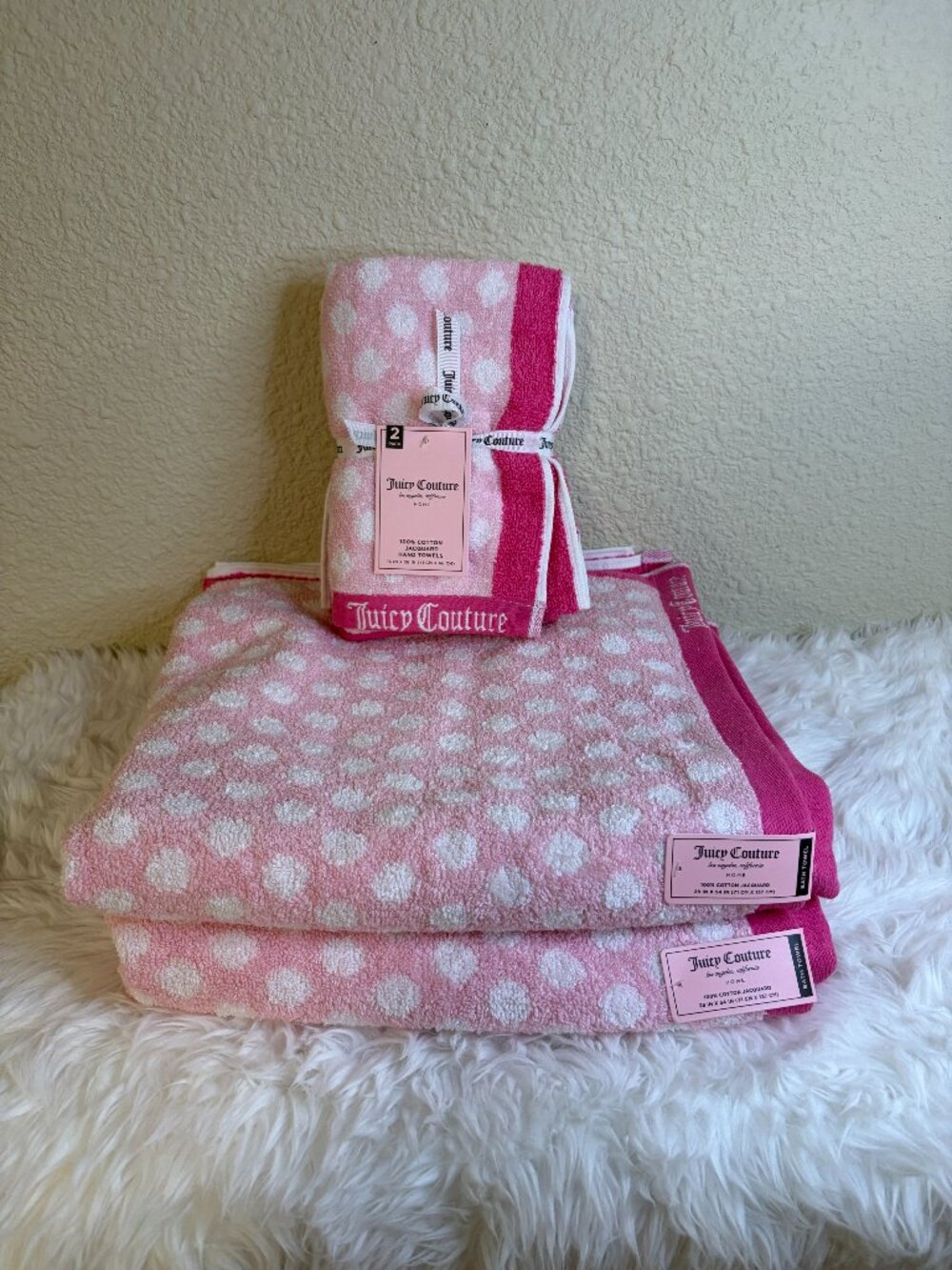 Juicy Couture Pink Polka Dot Bath Towel Set 4PC Home Collection NWT